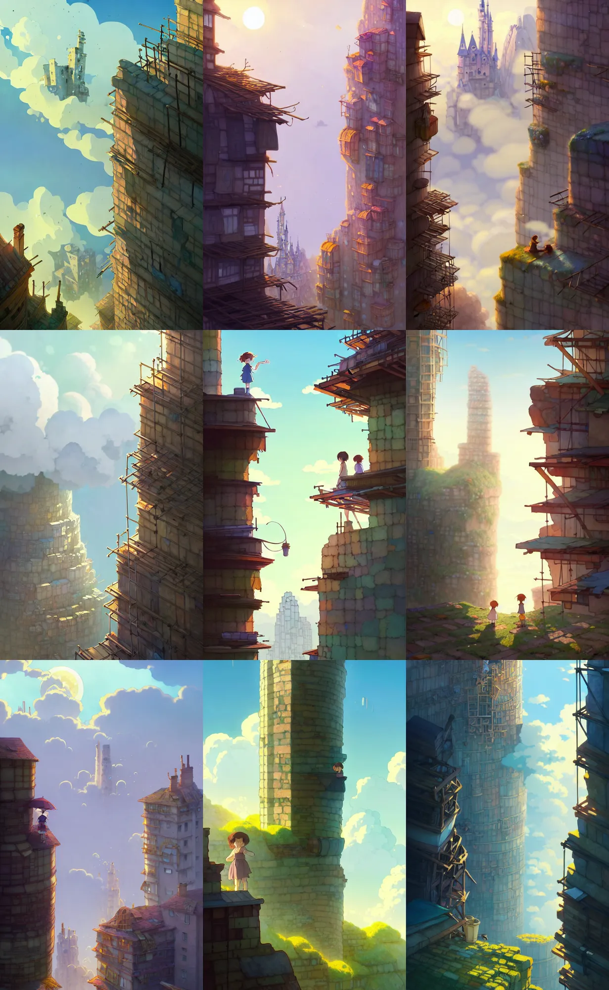 Prompt: a wholesome animation key shot, thin cylindrical towers of ancient crumbling masonry, scaffolding, cracks, rubble, makeshift houses, rise above clouds, studio ghibli, pixar and disney animation, sharp, illustration by mandy jurgens and alphonse mucha and ruan jia, cold color palate, bloom, dramatic lighting