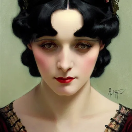 Image similar to a portrait of a woman with black hair, dressed in 1920's fashion, D&D, fantasy, intricate, elegant, highly detailed, digital painting, artstation, concept art, matte, sharp focus, illustration, art by Artgerm and Greg Rutkowski and Alphonse Mucha