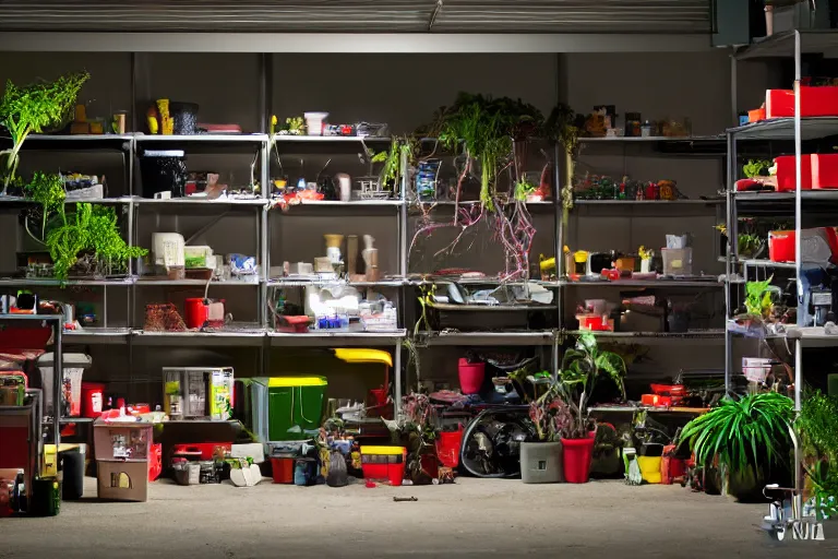 Image similar to garage with carnivorous plants on the shelves and packing peanuts on the floor, scene from tv show hyper detailed 5 5 mm 8 5 mm, low - light photography by tyler mitchell, made out of plastic