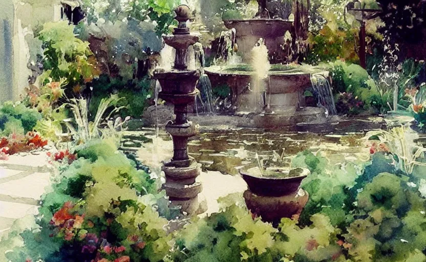 Image similar to concept art of a magical fountain in a garden, pinterest, artstation trending, behance, watercolor, by coby whitmore, silver, laser light,