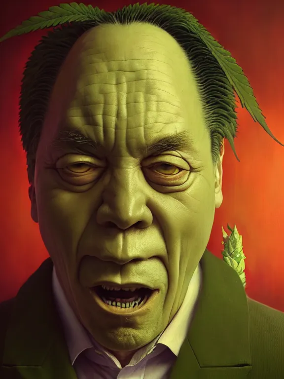 Image similar to a portrait of a cannabis devil premier francois legault illustrated by miyazaki by karol bak, james jean, tom bagshaw, rococo, sharp focus, trending on artstation, cinematic lighting, hyper realism, octane render, 8 k, hyper detailed, vivid, ultra detailed, highly detailed