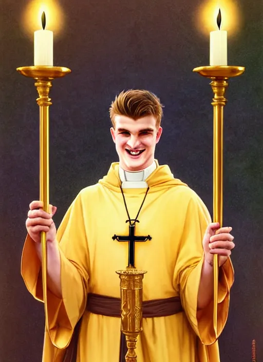 Prompt: grinning timo werner as a priest wearing robes. holding golden candlestick, in a monestry natural lighting, path traced, highly detailed, high quality, digital painting, by don bluth and ross tran and studio ghibli and alphonse mucha, artgerm