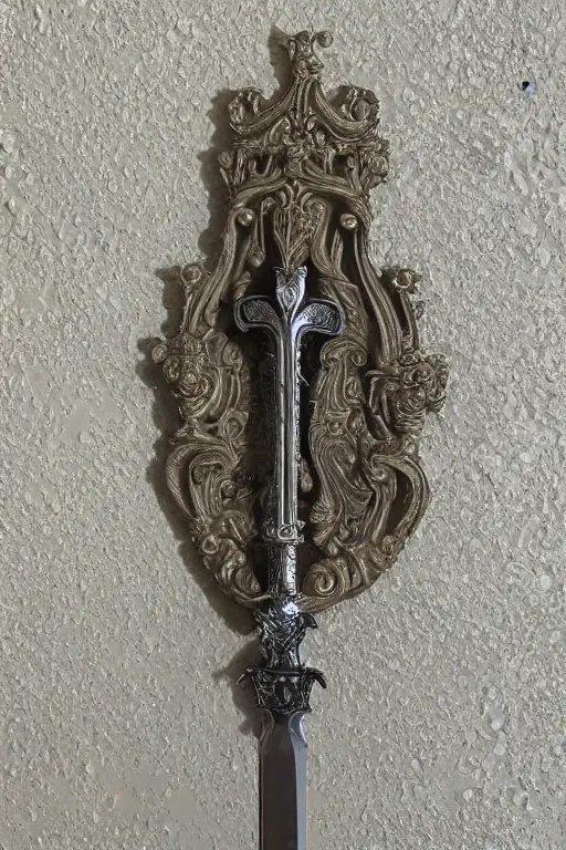 Image similar to sword of justice hanging on a wall, ornate gem in pommel, engraved blade, tip on a pillow