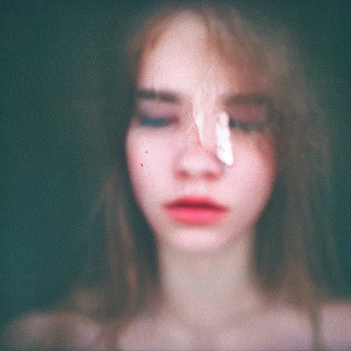 Image similar to Close-up of a young gorgeous woman’s face hopeless, frigthened and crying a lot, low light, soft focus, cinestill 800t