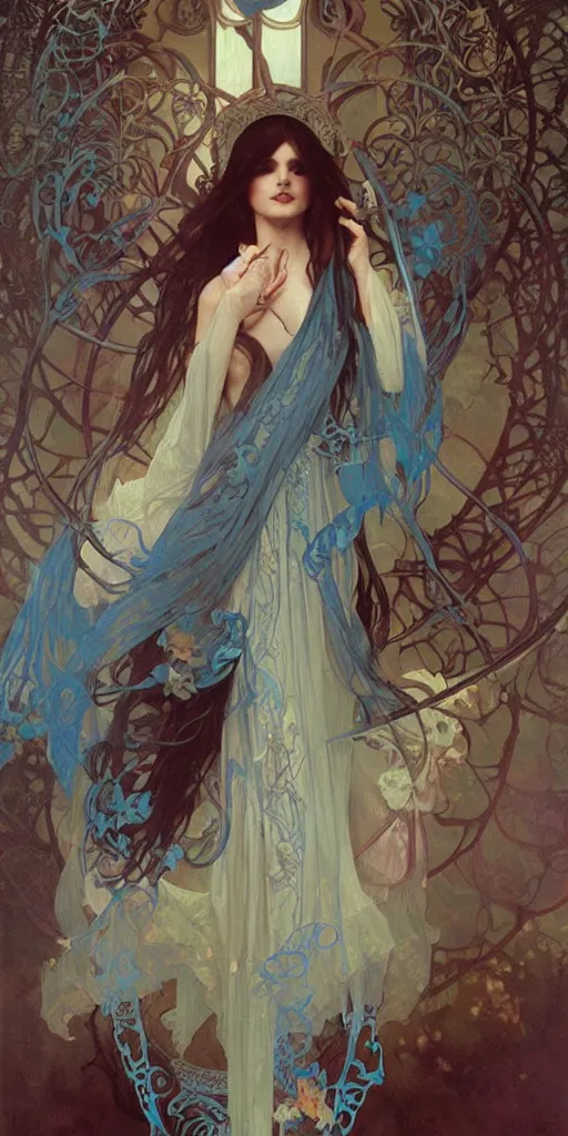 Prompt: Beautiful female wizard with blue rose velvet robes on a swing, wearing an intricate arcane makeup, searching for her soul, burning desire, epic cinematic, drama, action, digital art, art by Alphonse Mucha, Greg Rutkowski, Alex Ross, WLOP