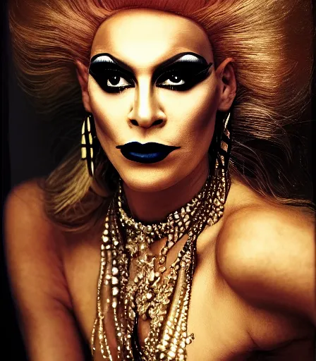 Image similar to a high quality, high detail, portrait of a drag queen by annie leibovitz, intense look in the eyes, moody, nostalgic