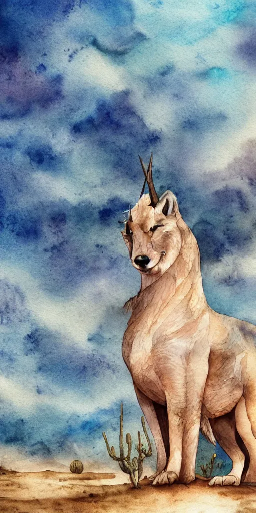 Prompt: fantasy animals standing in the desert with sky with stars in watercolor, cinematic, highly detailed wide, atmospheric lighting, muted colors