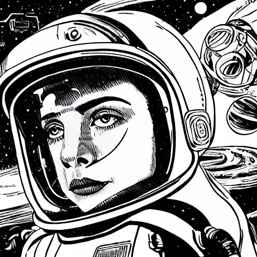 Prompt: illustration of butch tomboy stoic emotionless square - jawed heroic blonde woman astronaut, space helmet, piloting tiny spacecraft through wormhole, pen and ink, ron cobb, mike mignogna, comic book, black and white, science fiction, punk, grunge, used future, illustration, comic book cover, - ar 1 6 : 9