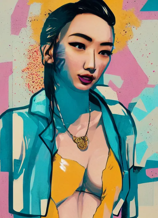 Prompt: delicate stripper by sachin teng : 5 attractive, sexy, thot, fine af, rare, exotic eyes, drip, sexy lips, gold hoop earings, : 5 stylish, designer, smoke, marijuana, asymmetrical, matte painting, geometric shapes, hard edges, graffiti, street art : 4 masterpiece, impressive detail, colorful, by sachin teng : 4 super model dancer : 5