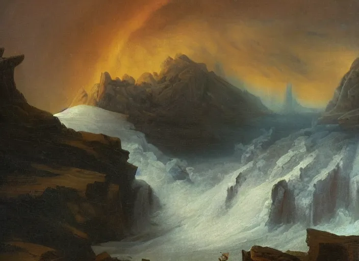 Prompt: earth after the cretaceous – paleogene extinction event, a harsh winter cools down the earth, blizzards envelop the lands, in the style of hudson river school of art, oil on canvas