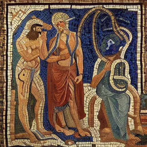 Image similar to a beautiful roman mosaic of adam, eve and the serpent by michaelangelo, rome, 1 0 0 ad