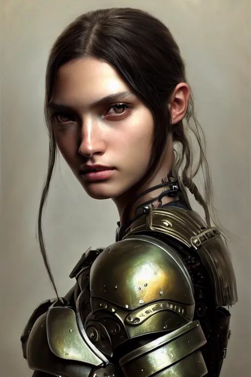 Prompt: a photorealistic painting of an attractive young girl, partially clothed in dirty metal-plated battle armor, olive skin, long dark hair, beautiful bone structure, symmetrical face, perfect eyes, intricate, elegant, digital painting, concept art, illustration, sharp focus, minimal artifacts, volumetric lighting, from Metal Gear, in the style of Ruan Jia and Mandy Jurgens and Greg Rutkowski, trending on Artstation, award winning