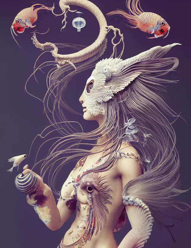 Image similar to 3 d goddess half - turn portrait with ram skull. beautiful intricately detailed japanese crow kitsune mask and clasical japanese kimono. betta fish, jellyfish phoenix, bio luminescent, plasma, ice, water, wind, creature, artwork by tooth wu and wlop and beeple and greg rutkowski