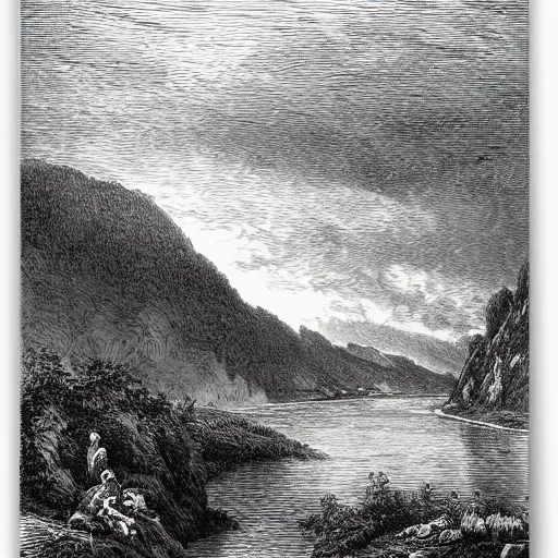 Image similar to Drawing of the Rhein, forest, high detail, clouds, realistic, illustration by Gustave Doré