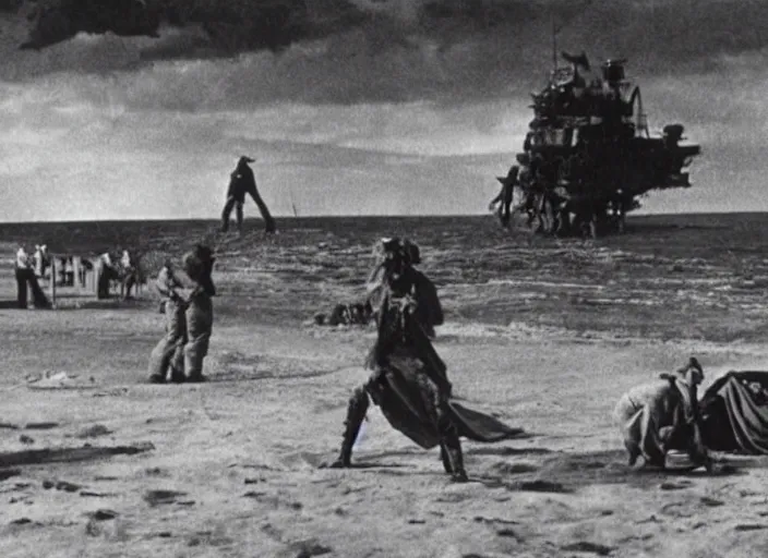 Prompt: scene from the 1 9 0 9 post - apocalyptic science fiction drama film on the beach