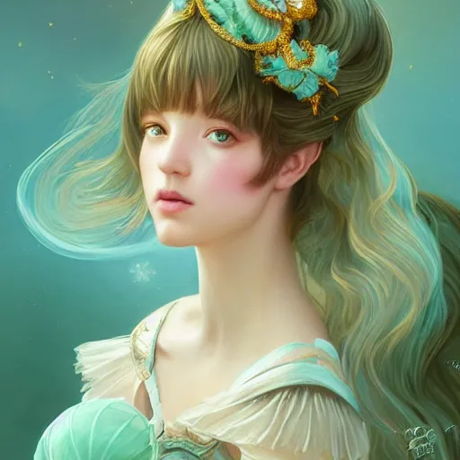 Image similar to Portrait of magical girl, dreamy and ethereal, mint green eyes, peaceful expression, ornate frilly dress, fantasy, intricate, elegant, beautiful, digital art, dynamic lighting, golden ratio, highly detailed, digital painting, trending on artstation, concept art, smooth, sharp focus, illustration, photo realistic, art by artgerm and greg rutkowski and alphonse mucha, 4K