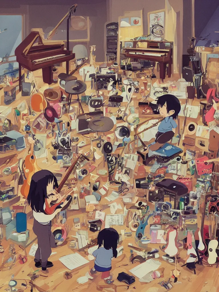 Image similar to studio ghibli, one little girl playing saxophone in the middle of a room full of instruments laying everywhere on the floor, pianos, guitars, drums, saxophone, sousaphone, bongos, congas, digital art, studio ghibli, trending on artstation, colours