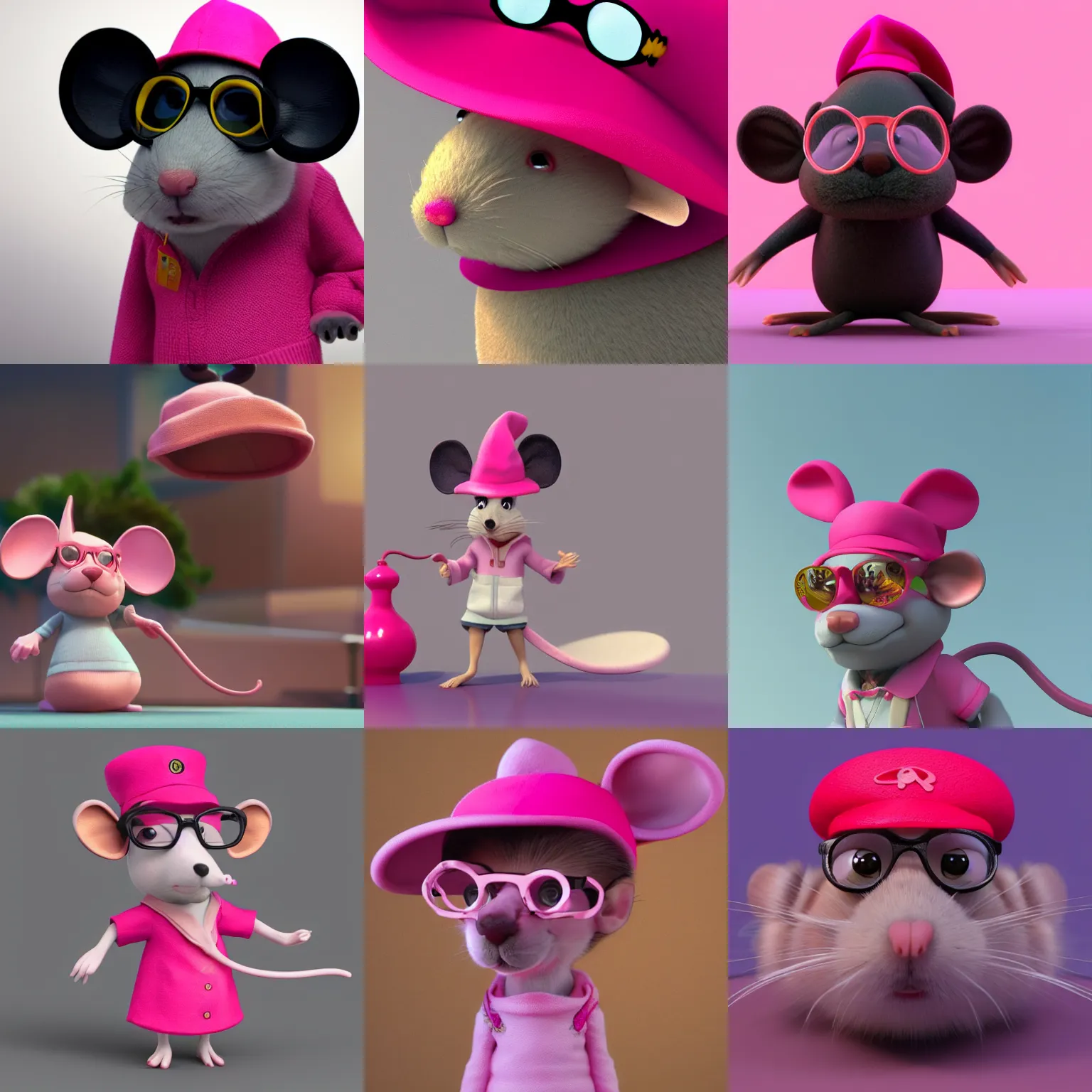Prompt: mouse wearing a pink doctoral hat and glasses, concept art, cgsociety, octane render, trending on artstation, artstationHD, artstationHQ, unreal engine, 4k, 8k --height 768