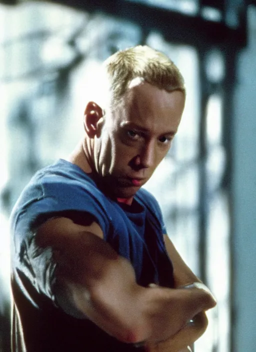 Image similar to film still of Eminem as John McClane in Die Hard, 4k