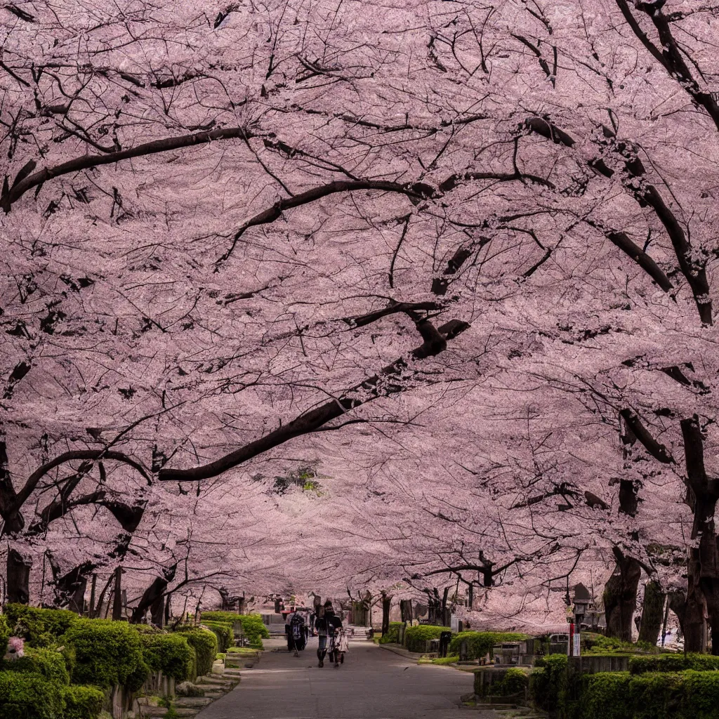 Prompt: old empty samurai city surrounded by sakura trees few