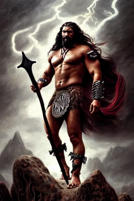 Image similar to beautiful portrait oil painting, jason momoa conan the barbarian thor standing on a hill made of skulls, wearing a warrior king crown and royal crimson fantasy ornate spartan dragon scale armor, wet skin and hair, muscular!!!, battle action pose, frank frazetta, boris vallejo, greg rutkowski, beautiful cinematic light, low angle, greg rutkowski, high contrast