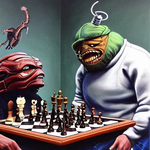 Prompt: beautiful lifelike painting of mf doom in a chess tournament with godzilla, hyperreal detailed facial features and uv lighting, art by ed roth and basil wolverton