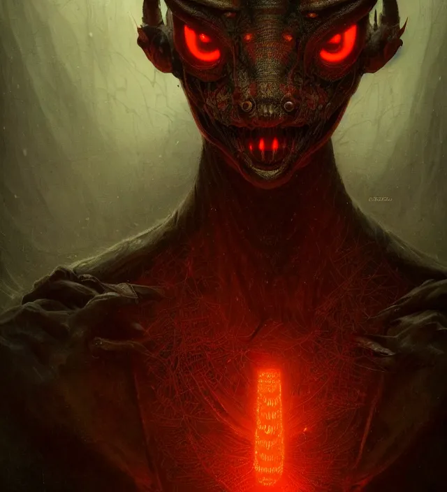 Image similar to a symmetrical matte portrait of an anthropomorphic mantis - headed demon from your worst nightmare. atmospheric lighting beyond creepy, dark, atmospheric, brooding, painted in intricate detailed by greg rutkowski, well composed, trending artstation, epic, stunning, gorgeous, intricate, wow, masterpiece