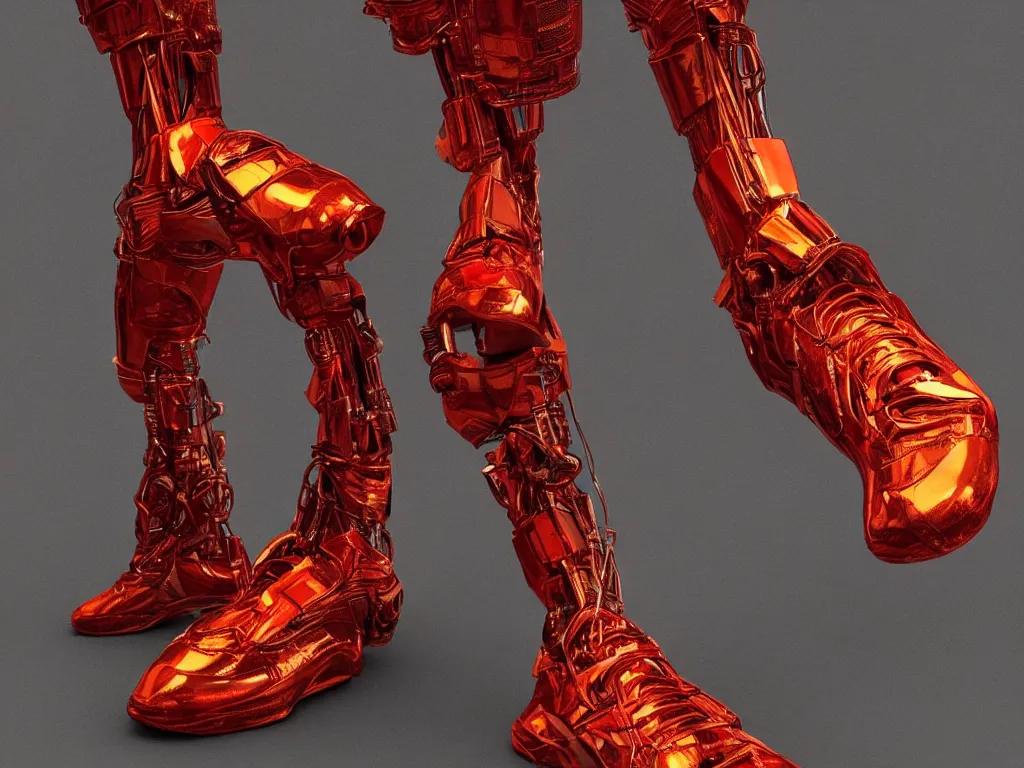Prompt: realistic 3 d render of a sculpture of a cyberpunk android foot wearing sneakers, beautiful studio lighting, soft, sharp focus, neon cyberpunk highlights, intricate detail, gold and red accents, soft rubber, octane render, side view, trending on artstation, deviantart, art by syd mead and issey miyake