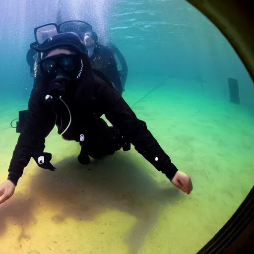 Prompt: guy with black hoodie is chained to a stop traffic sign pole under water. photo under the sea. trying to get free.