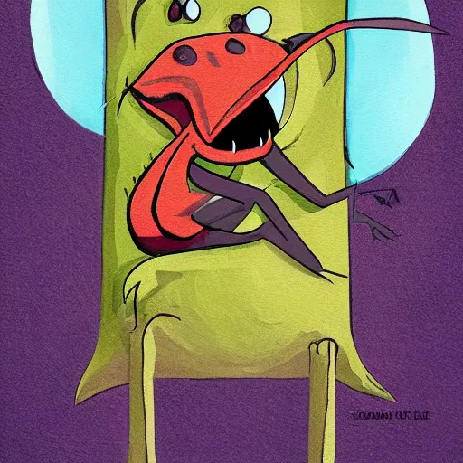 Prompt: cartoon vampire ant with big teeth, painted in the style of a cozy mystery book cover