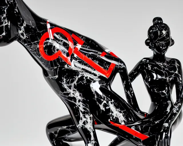 Image similar to extremely beautiful black marble statue with colorful japanese motorcycle logos in the style of fashion designer virgil abloh, sharp focus, clear, detailed,, cinematic, detailed, off white, glamourous, symmetrical, vogue, editorial, fashion, magazine shoot, glossy