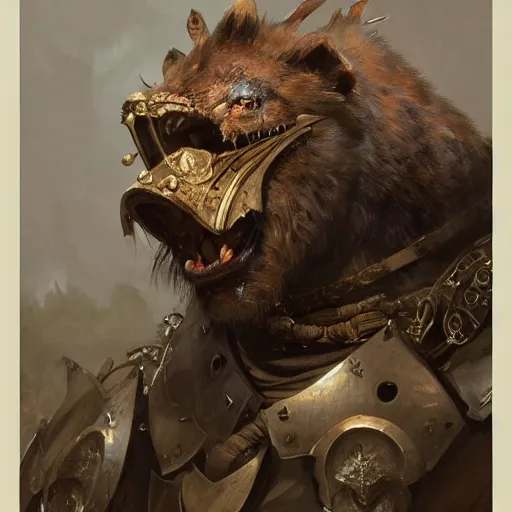 Prompt: portrait of a gnoll with a scarred sad face wearing plate armor, fantasy, highly detailed, digital painting, artstation, concept art, character art, art by greg rutkowski and tyler jacobson and alphonse mucha