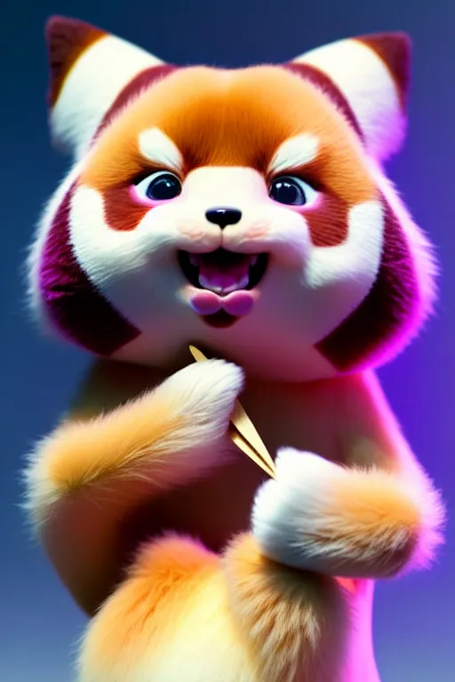 Image similar to high quality 3 d render hyperrealist very cute pastel fluffy! red panda & kaola hybrid eating giant ice cream full body, vray smooth, in the style of detective pikachu, hannah yata charlie immer, very dramatic violet light, low angle, uhd 8 k, shallow depth or field