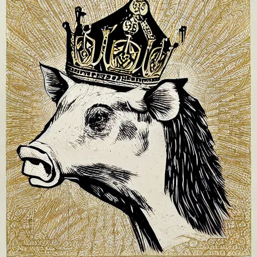 Image similar to Sideview Portrait of pig wearing a gold crown on it's head Shepard Fairey