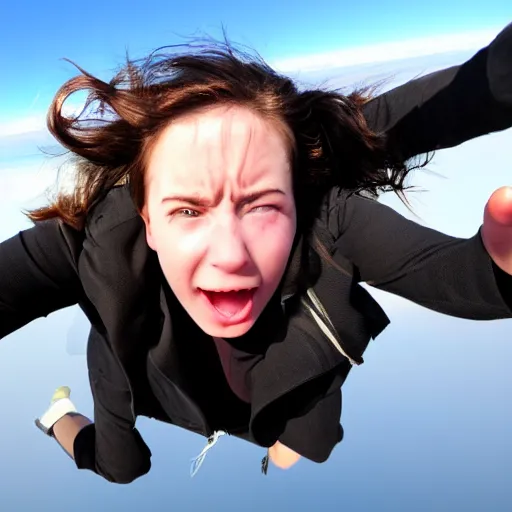 Image similar to photo, young woman, falling from plane, scared face, camera view from beneath the person