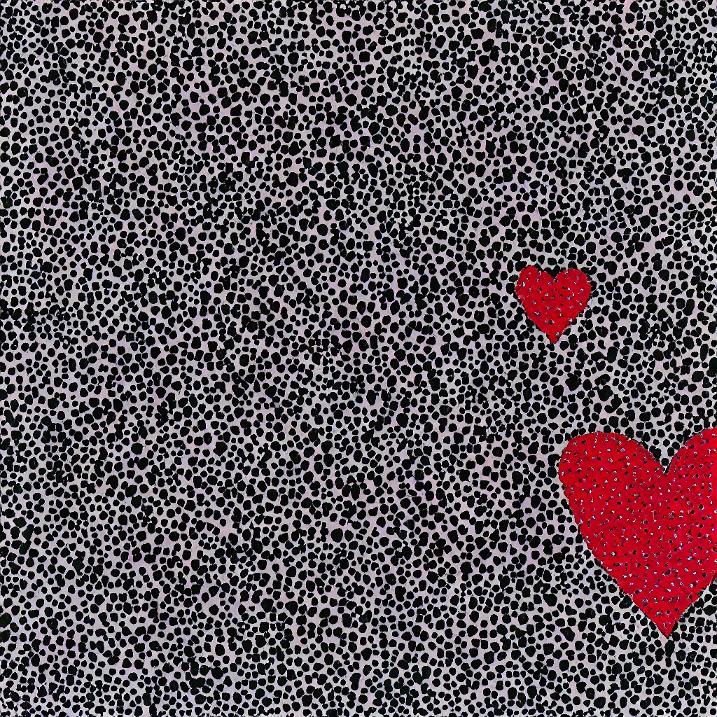 Image similar to camo made of hearts, smiling, abstract, rei kawakubo artwork, cryptic, dots, stipple, lines, splotch, color tearing, pitch bending, color splotches, dark, ominous, eerie, minimal, points, technical, old painting