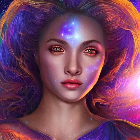 Image similar to highly detailed close up portrait of a celestial girl with a body made of cosmic energy, space background, character art, studio lightning, bright colors, intricate, masterpiece, photorealistic, hiperrealistic, sharp focus, high contrast, Artstation HQ, DeviantArt trending, 4k UHD, Unreal Engine 5