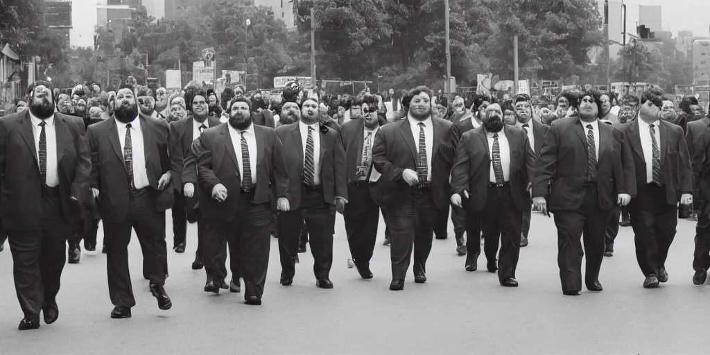 Image similar to A large group of chubby men in suits and neckties parading through the street canes, overcast day, 1990s, color.