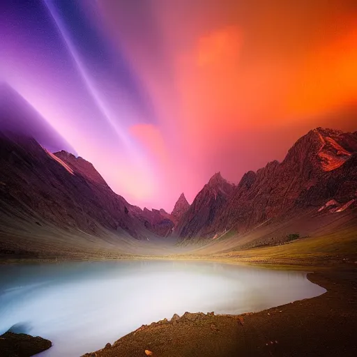 Image similar to amazing landscape photo of mountains in sunset with a purple tornado in the sky by marc adamus, beautiful dramatic lighting