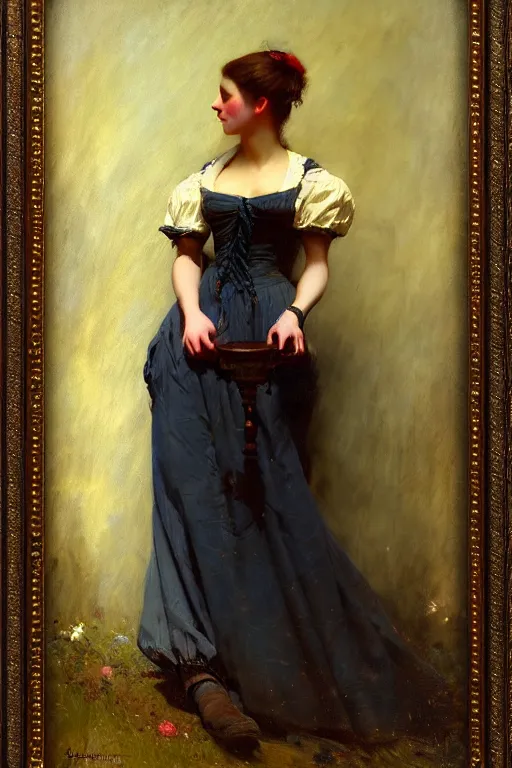 Prompt: soft colorsphotograph imax and solomon joseph solomon and richard schmid and jeremy lipking victorian loose genre loose painting full length portrait painting of pretty barmaid disney