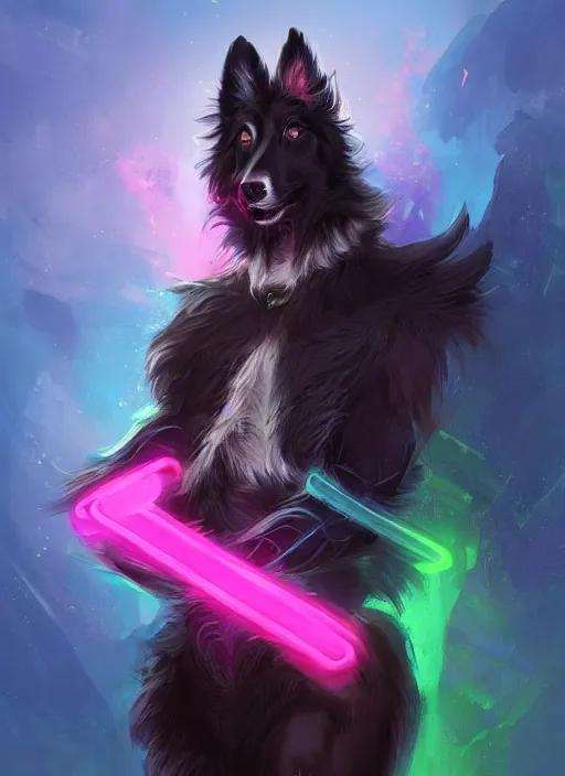 Prompt: wide angle beautiful full body portrait of a cute male anthropomorphic anthro border collie fursona wearing a barbarian outfit in a dark neon rainbow, character design by charlie bowater, henry asencio, and ross tran, disney, scenic background, detailed, glamor pose, aesthetic, trending on artstation, furaffinity, deviantart