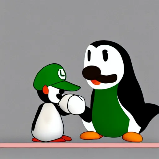 Prompt: luigi sitting next to penguin tux in front of a computer, cute digital art, 4 k