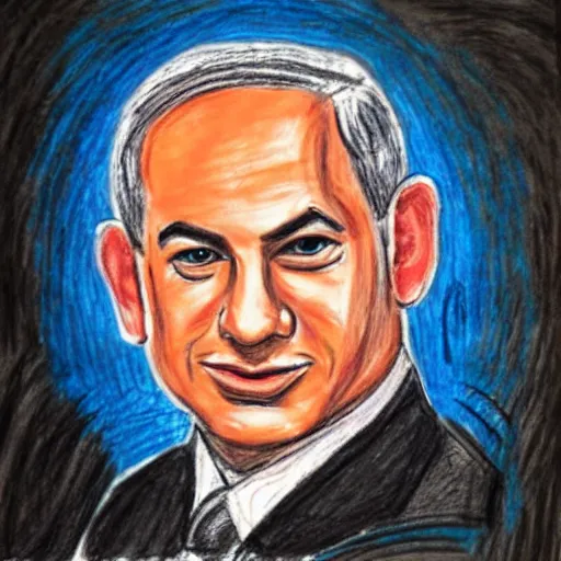 Image similar to portrait of benjamin netanyahu, drawn by a child, in oil pastel colors