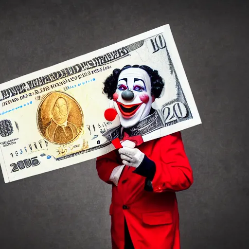 Image similar to A clown holding a dollar banknote, background is a slum, cinematic, epic, highly-detailed, photo realistic