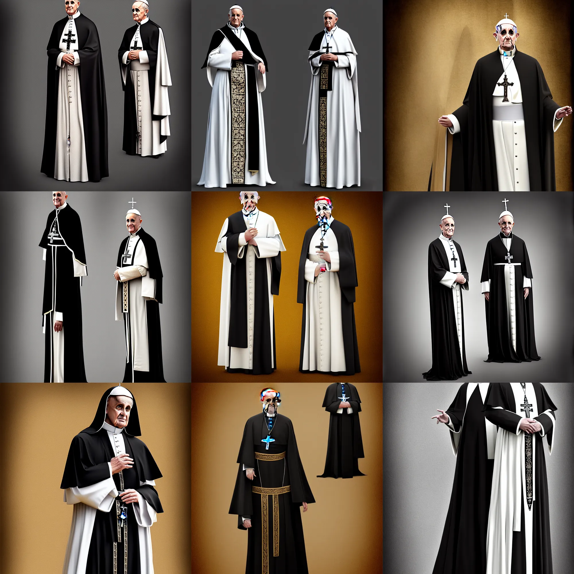 Prompt: one men clothed like a pope, wearing a long black dress standing. he is wearing a pope tiara, photorealistic, detailed cloth, concept art, matte painting