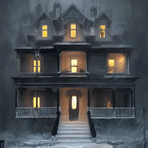 Image similar to exterior of haunted victorian house, horror by greg rutkowski