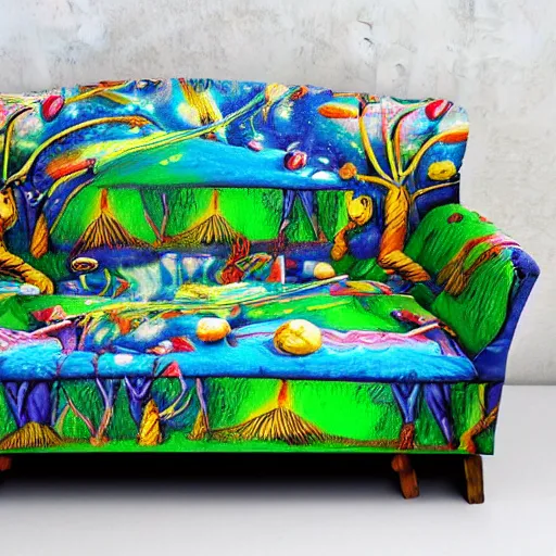 Image similar to psychedelic trippy couch pine forest with woodland critters planets milky way sofa cartoon by dr. seuss