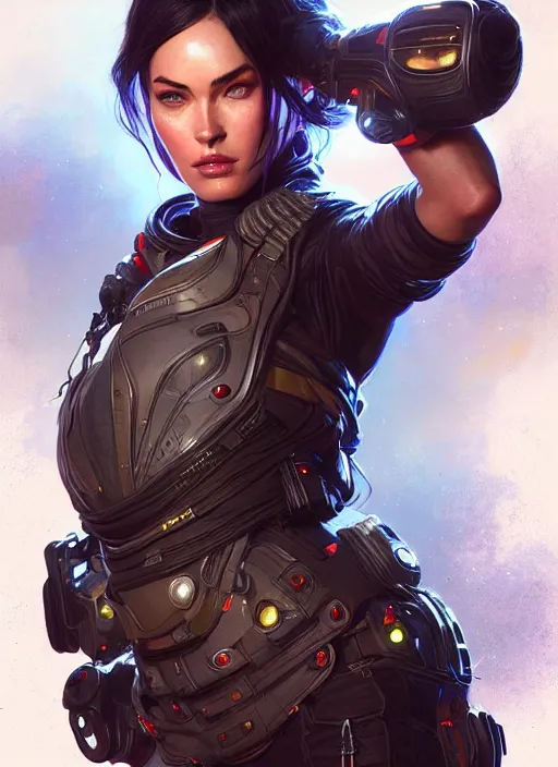 Image similar to portrait of apex legends megan fox, intricate, elegant, glowing lights, highly detailed, digital painting, artstation, glamor pose, concept art, smooth, sharp focus, illustration, art by artgerm and greg rutkowski, artey freytag