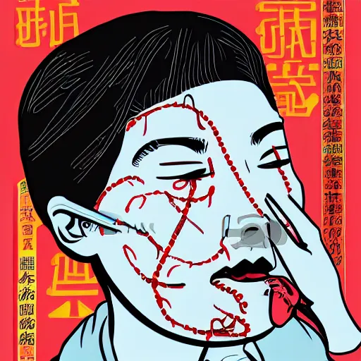 Image similar to chinese surgery on a patient, in the style of daniel johnston and outsider art, 8 k, line brush, minimal, overlaid with chinese adverts