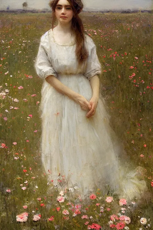 Image similar to Richard Schmid and Jeremy Lipking full length portrait painting of a young beautiful edwardian girl walking through a field of flowers with hands behind her back